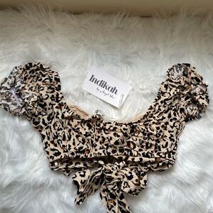 Indah Brown and Tan Ruched Ruffled Crop Blouse